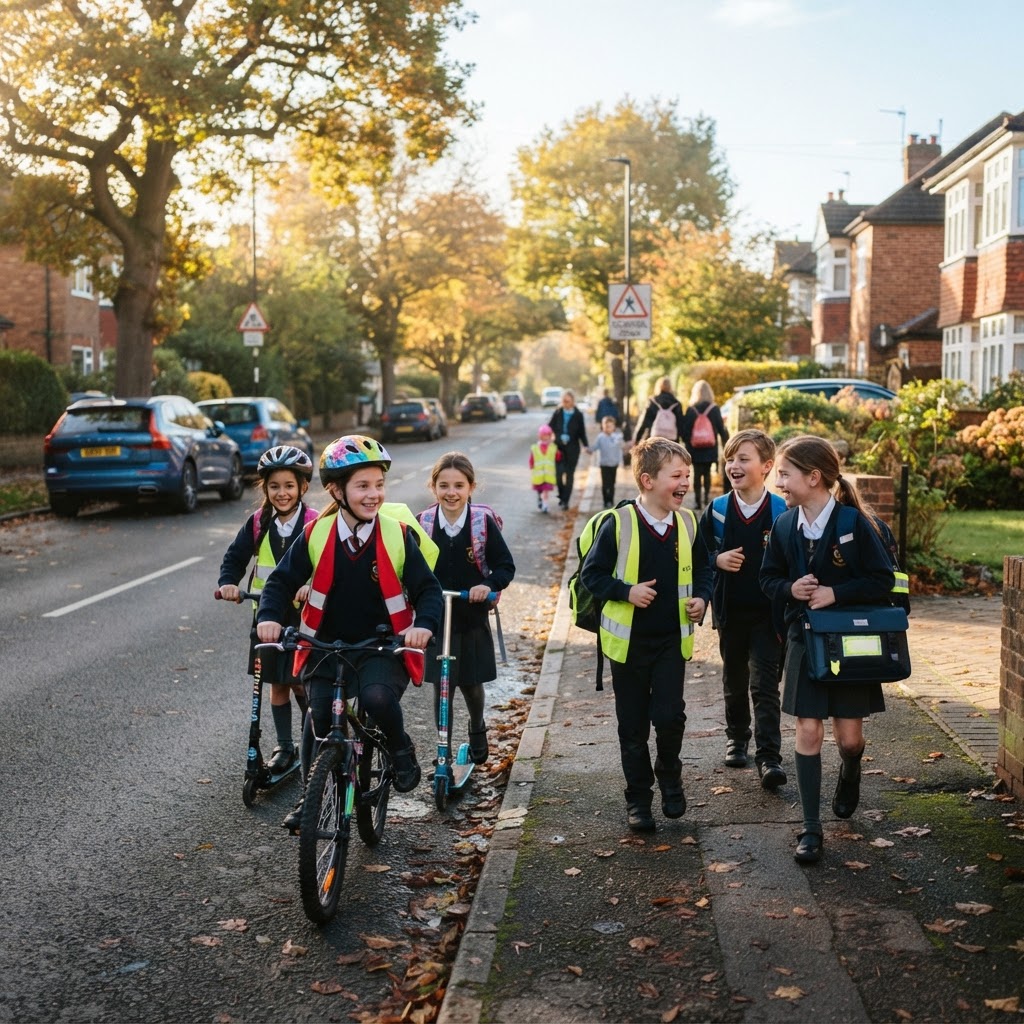 Children walking and cycling to school together
