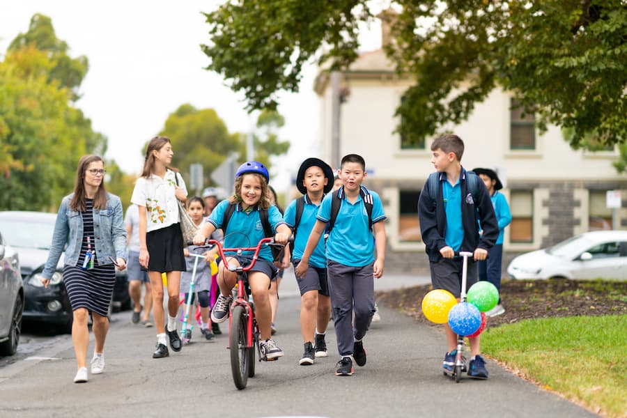 Students walking and cycling to school