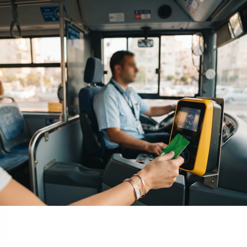 A passenger tapping a Rav-Kav card on the reader beside the driver on an Israeli bus