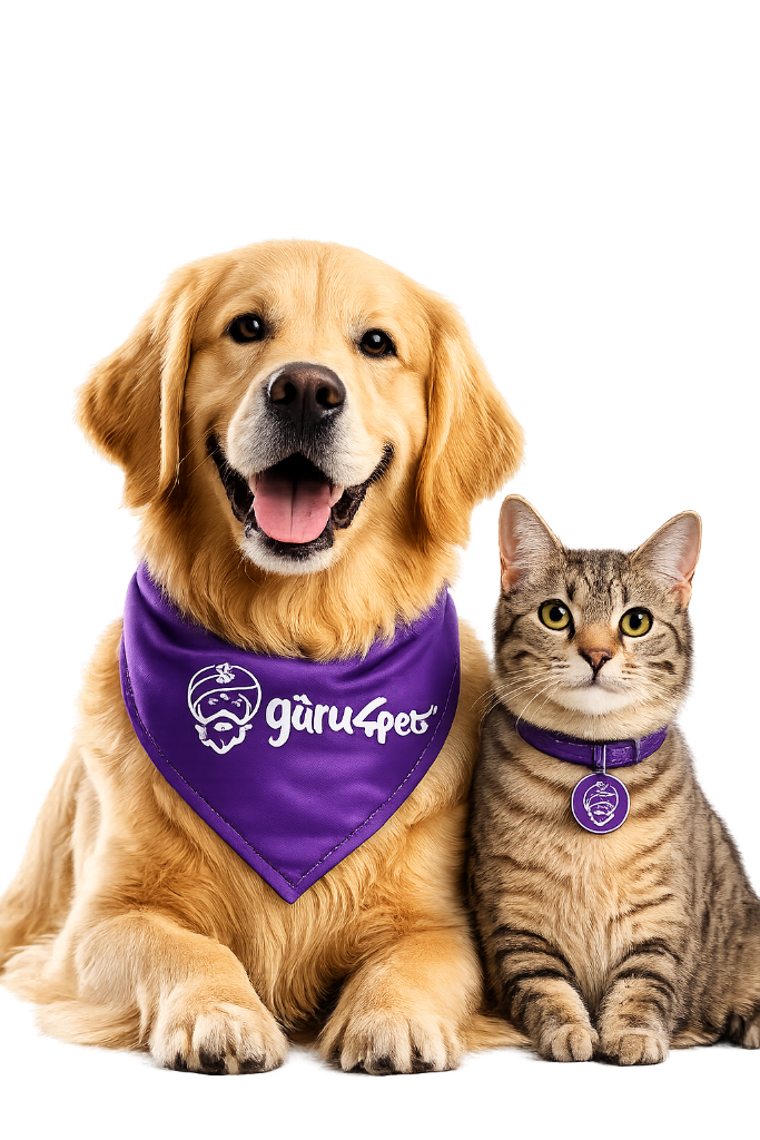 Perro y gato felices usando la pañoleta de Guru 4 Pets