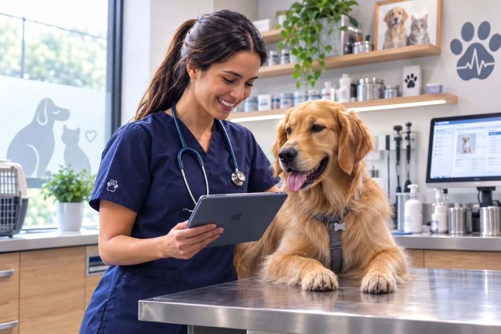 Veterinaria revisando el historial digital de un paciente