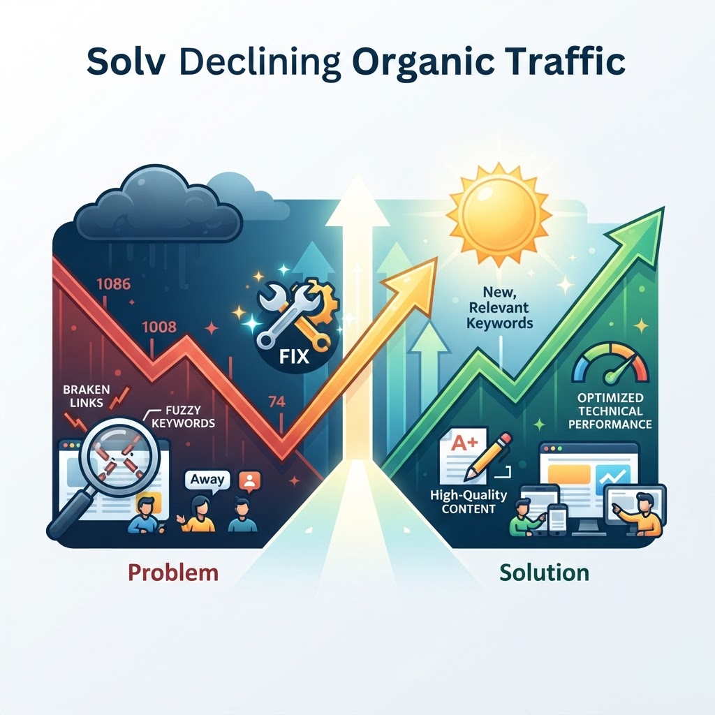 Declining Organic Traffic Solved - Expert Solutions That Work - detailed illustration