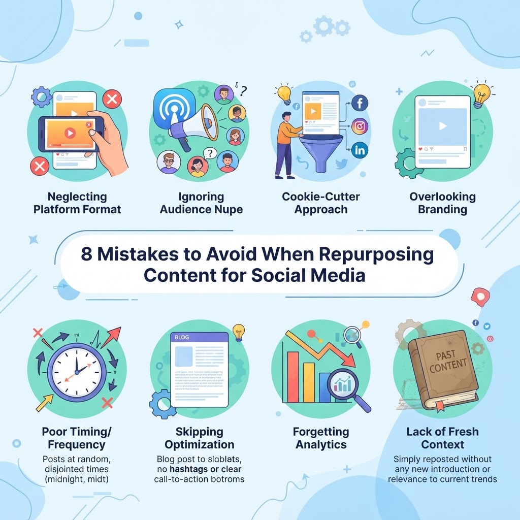 8 Mistakes to Avoid When Repurposing Content for Social Media - detailed illustration