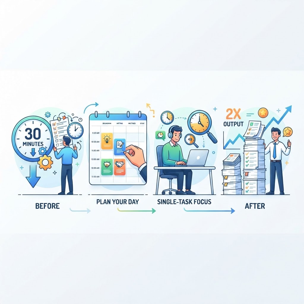 How to Double Your Daily Output in 30 Minutes Using Time Blocking - detailed illustration