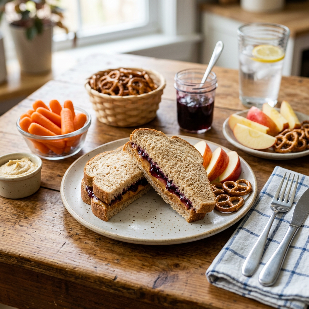 Peanut Butter and Jelly Sandwiches with a Side of Carrots, Apples, and Pretzels