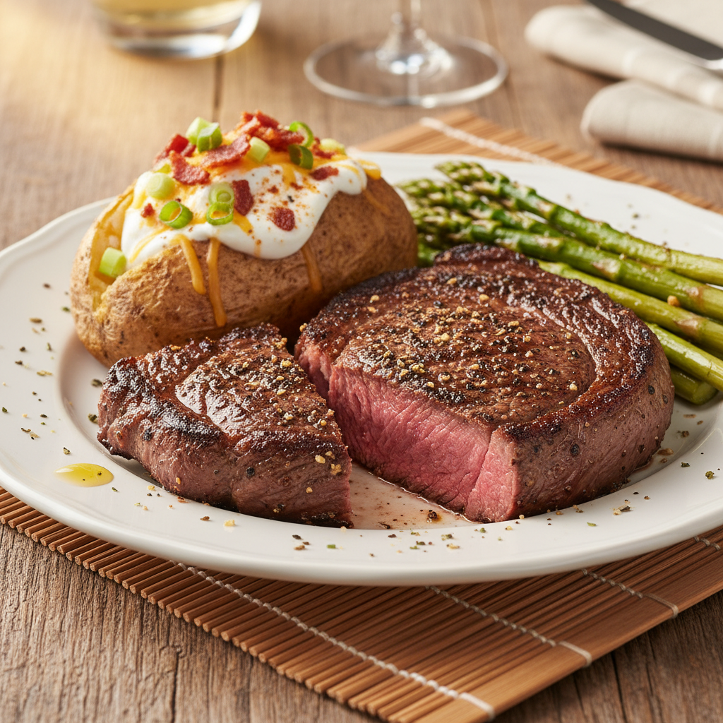 Steakhouse Ribeye Plate with Loaded Baked Potato & Garlic Asparagus