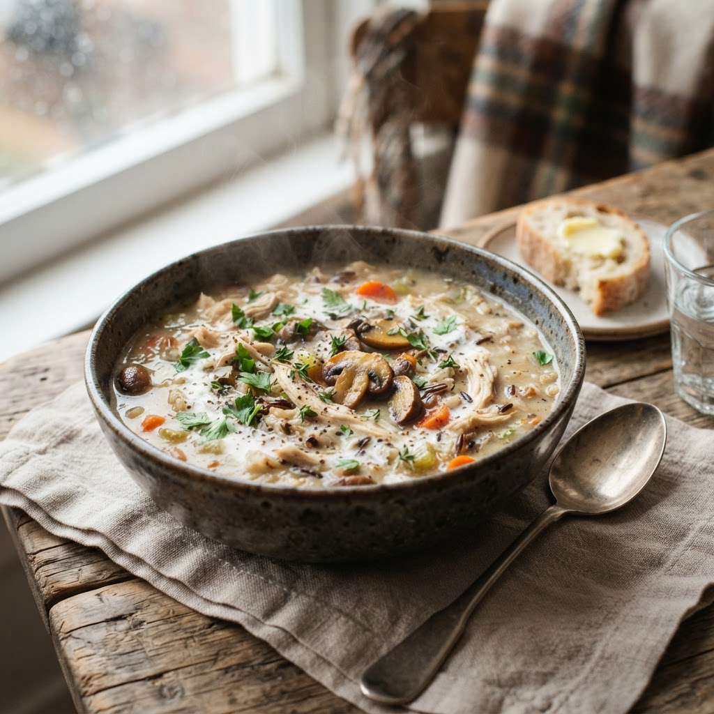 Creamy Chicken and Wild Rice Soup with Roasted Mushrooms