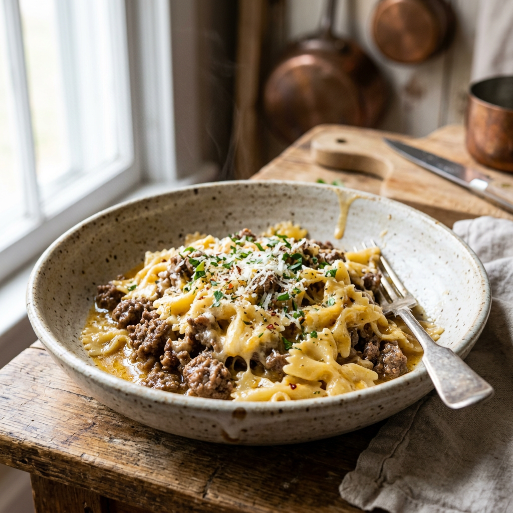 Garlic Butter Beef & Cheesy Bowtie Pasta