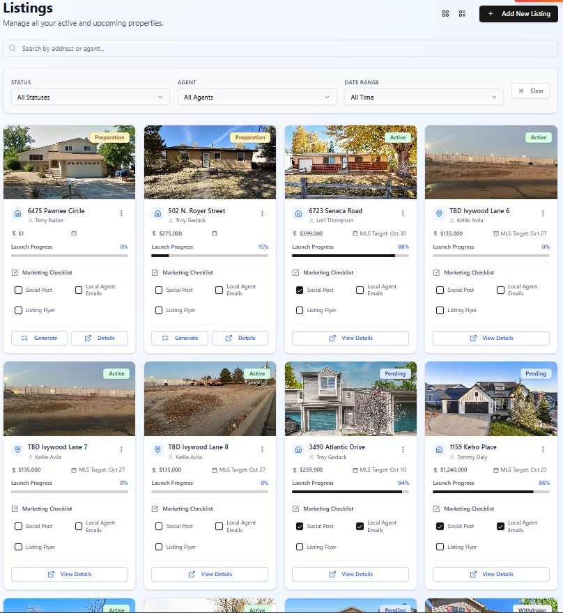 Listings grid showing launch progress and marketing checklists for each property