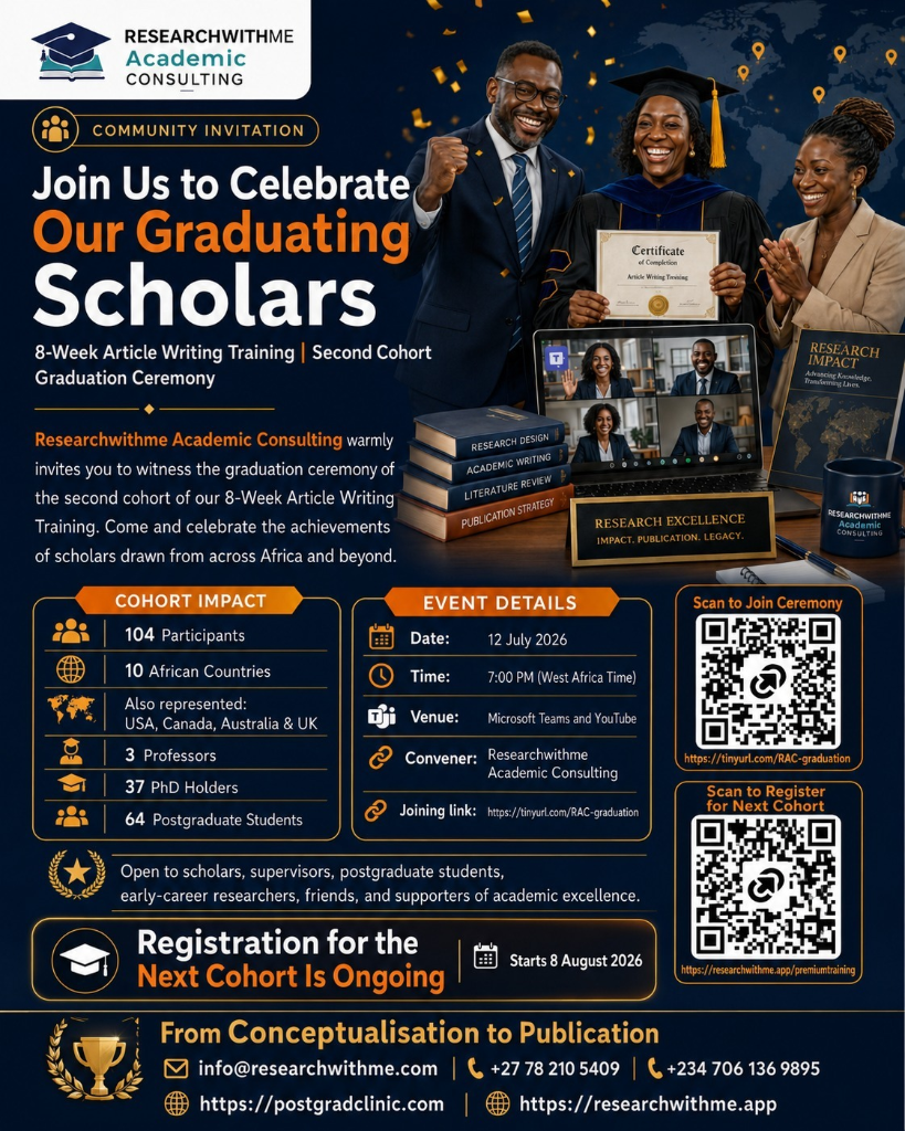 ResearchWithMe Academic Consulting second cohort graduation poster showing 104 participants from multiple countries and academic levels.