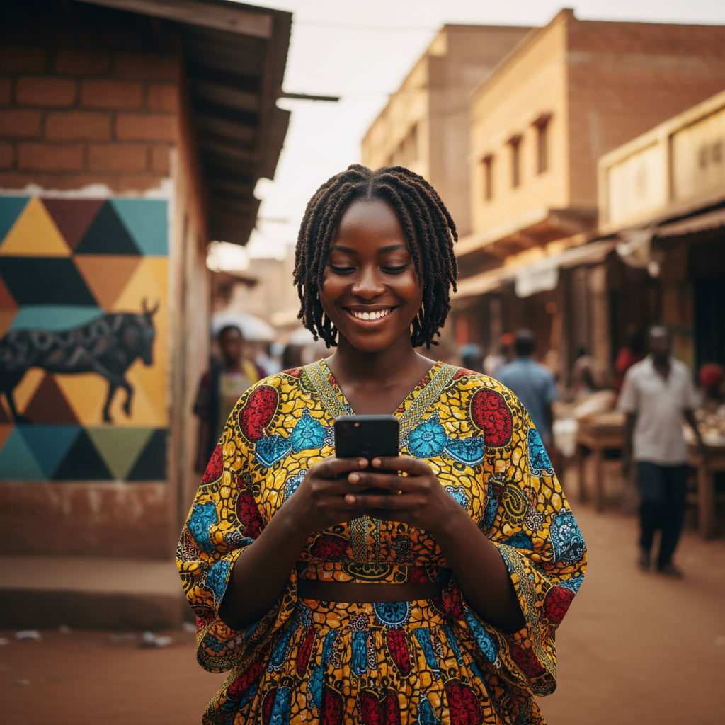 Young African woman using her phone to book a hotel