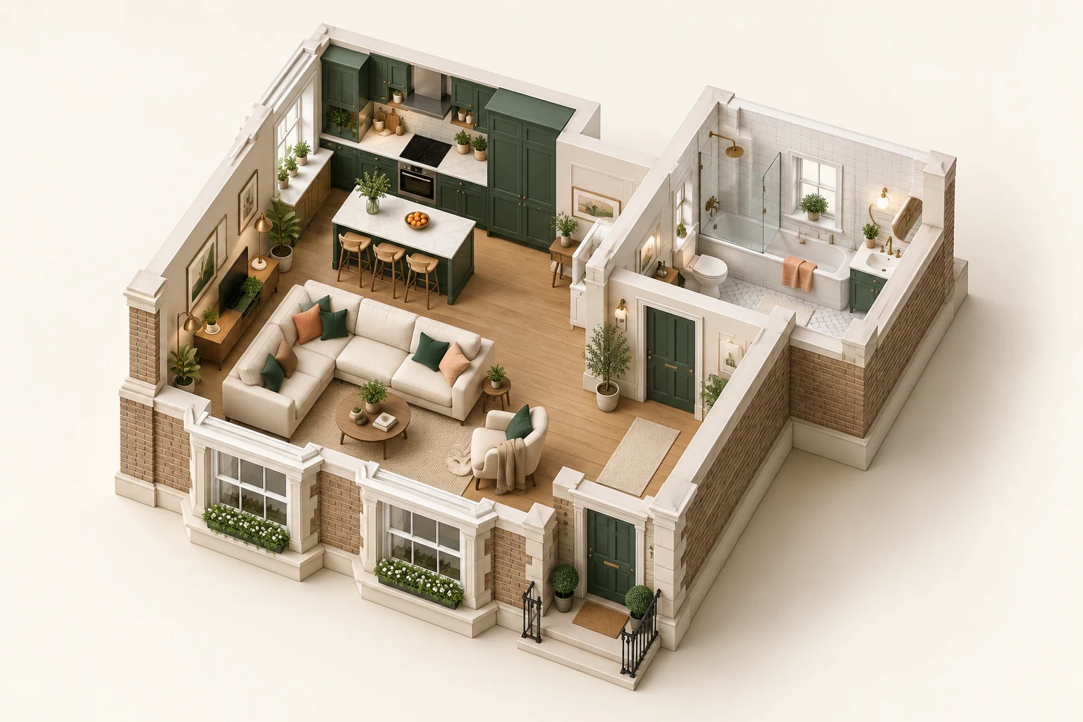 3D illustration of a fresh London home with green kitchen cabinets, a sofa and a spotless bathroom