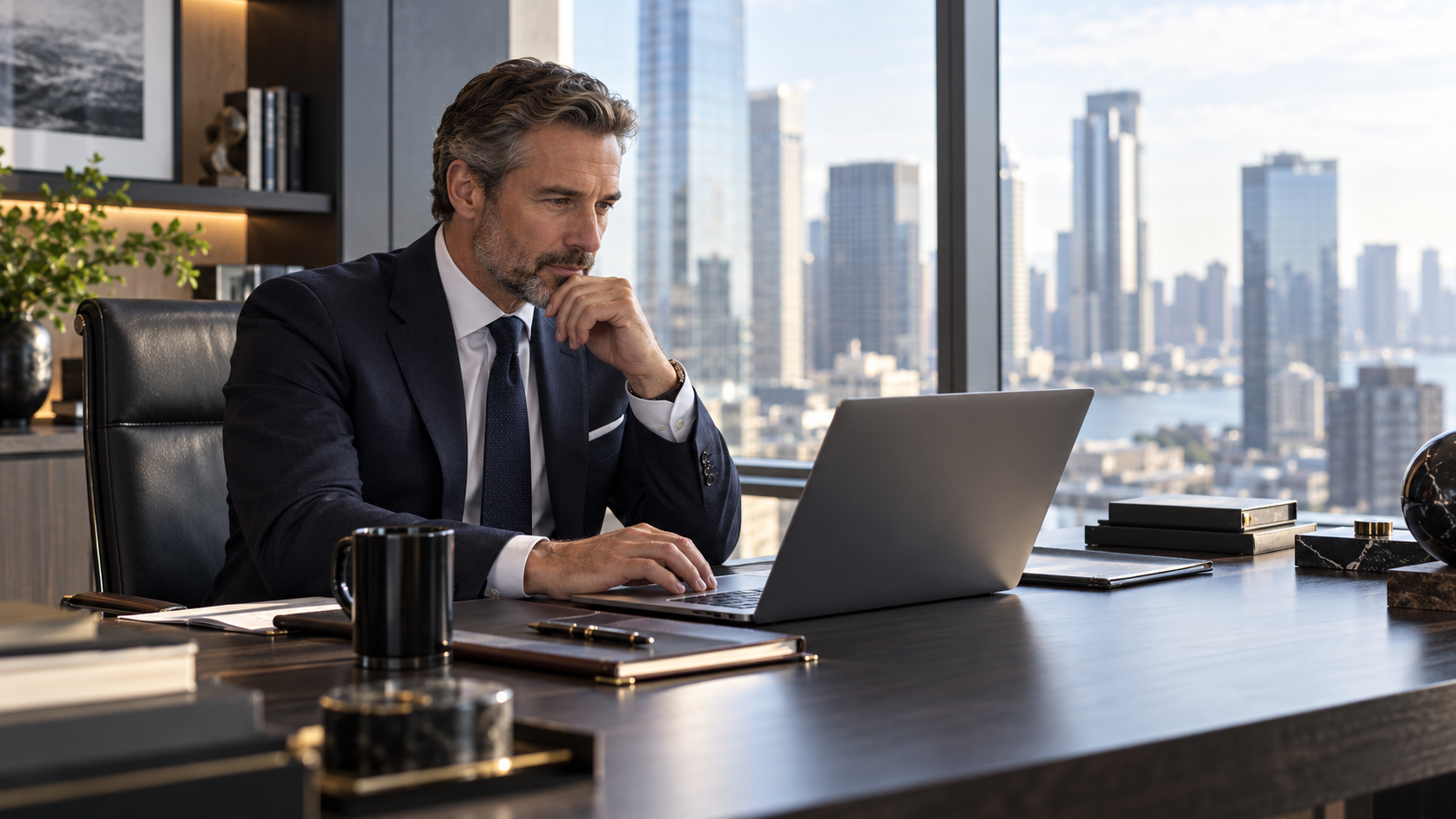 Senior professional working confidently in a private executive office.