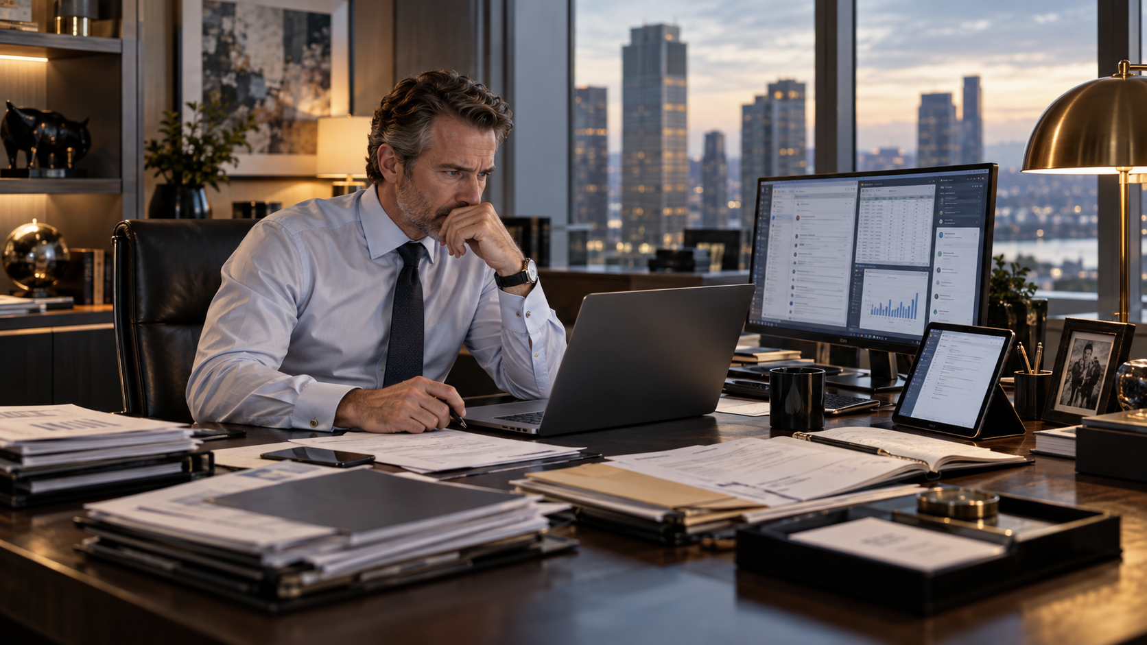 Executive managing confidential work across multiple systems and documents.