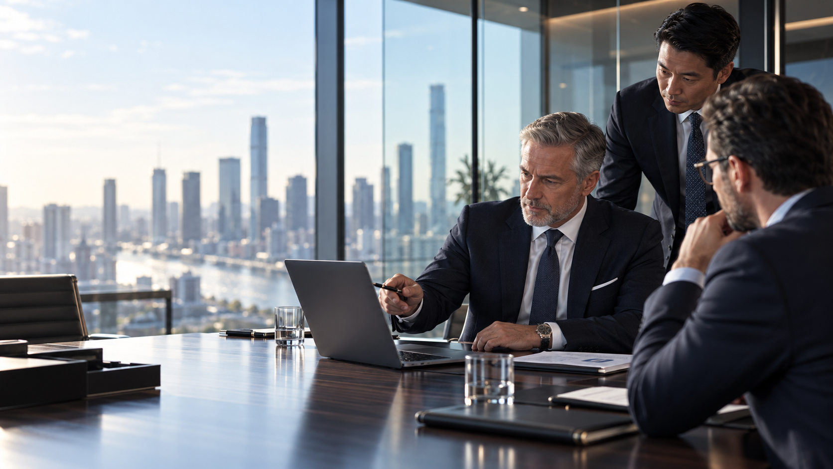 Professional advisers reviewing confidential client work in a modern boardroom.
