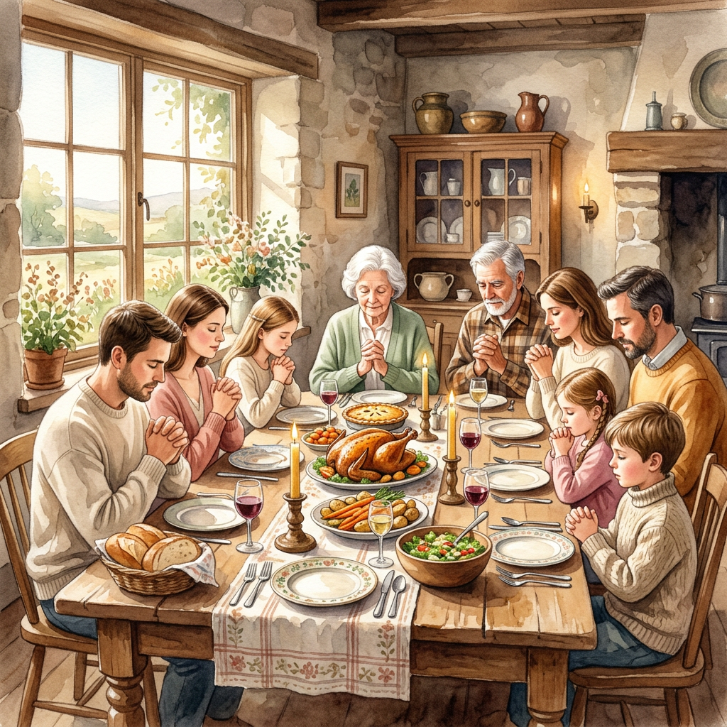 Watercolor illustration of a multigenerational family gathering around a farmhouse dinner table to preserve handwritten family recipes together