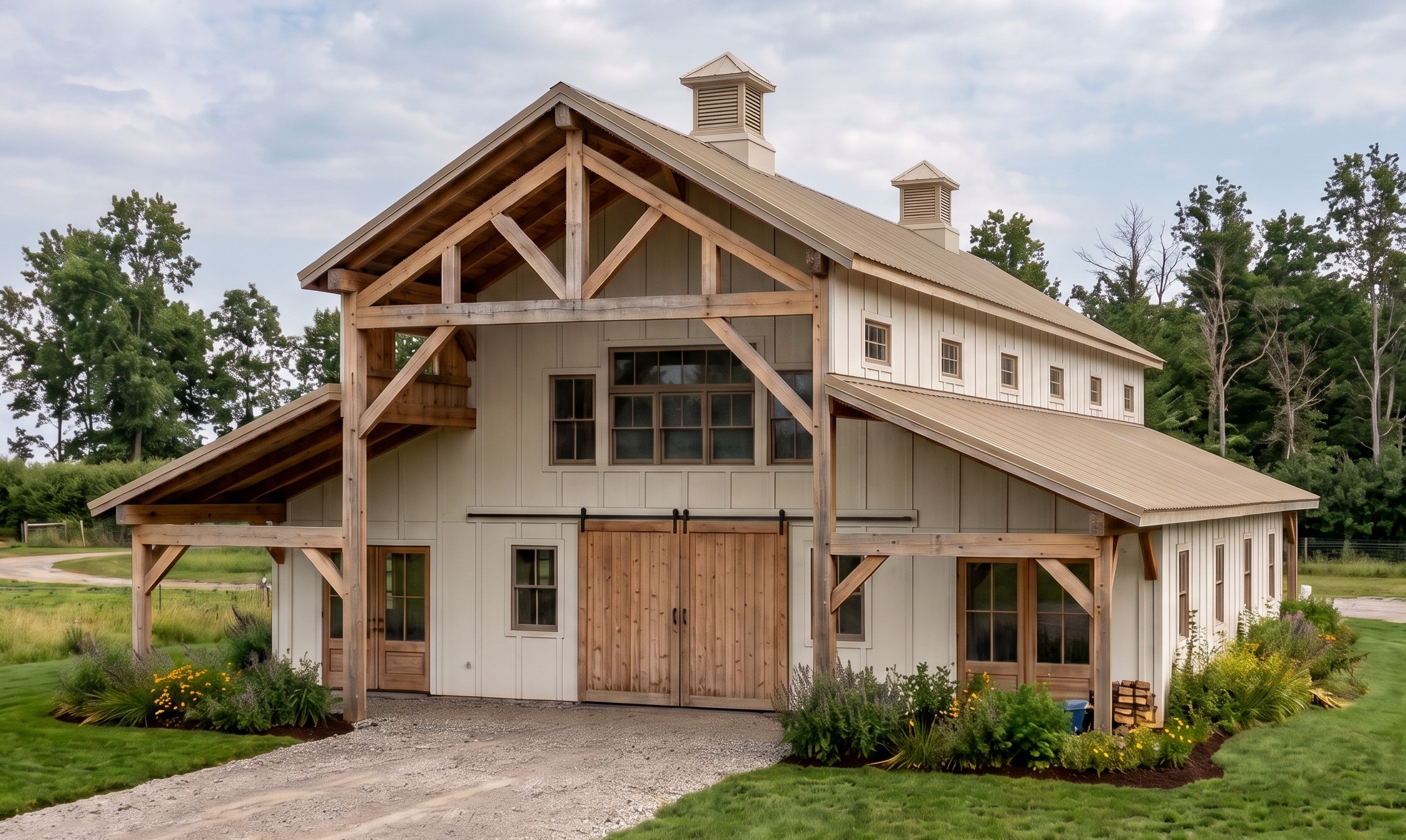 Modern timber frame barn with white board-and-batten siding