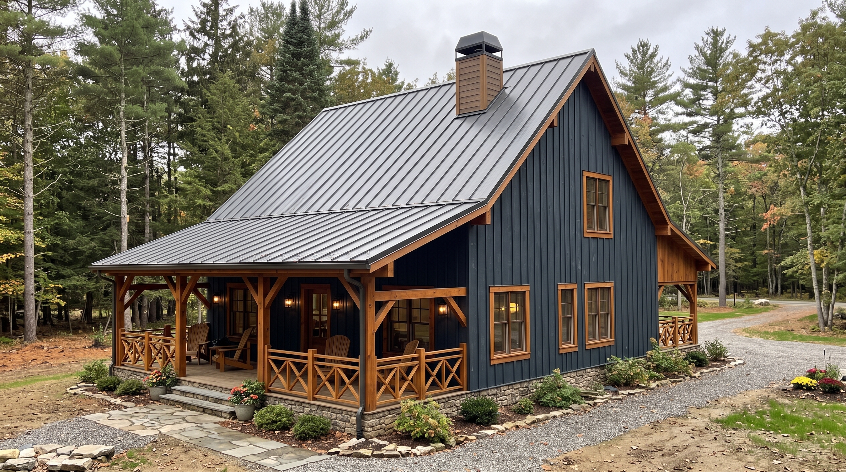 Modern timber frame cabin in a woodland setting