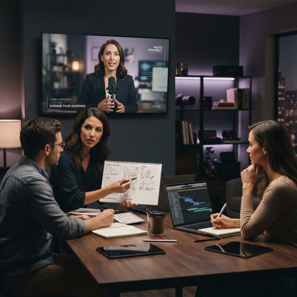 A presenter-led video production planning scene showing the journey from business message to finished video.