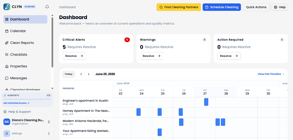 Clyn dashboard showing alerts and property calendar