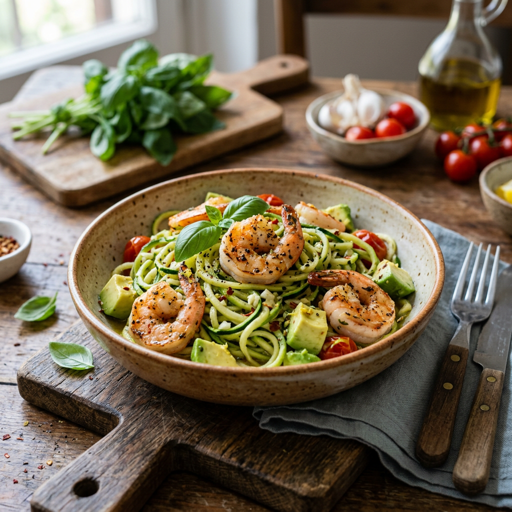 Zucchini Noodle Shrimp with Avocado & Garlic