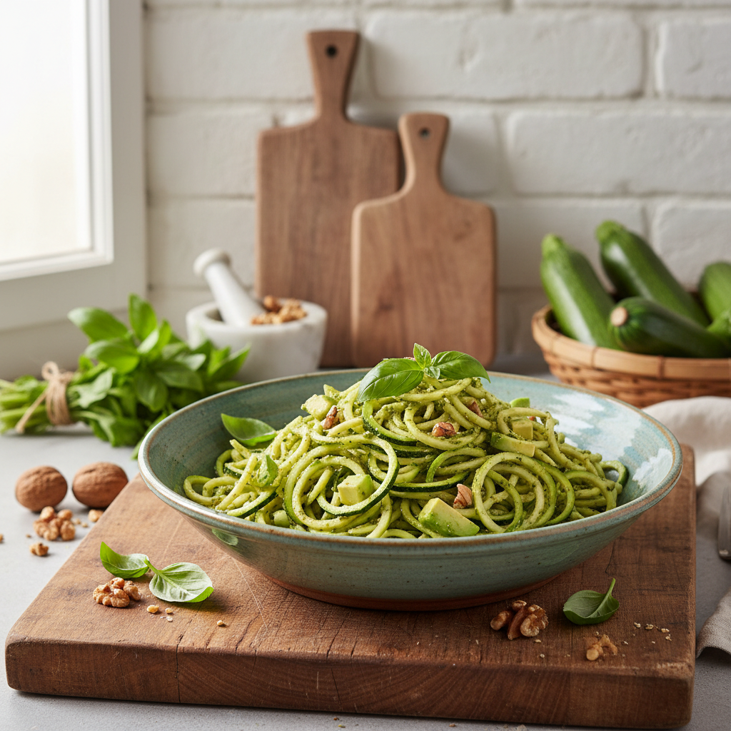Zucchini Noodles with Basil-Walnut & Avocado 'Pesto'