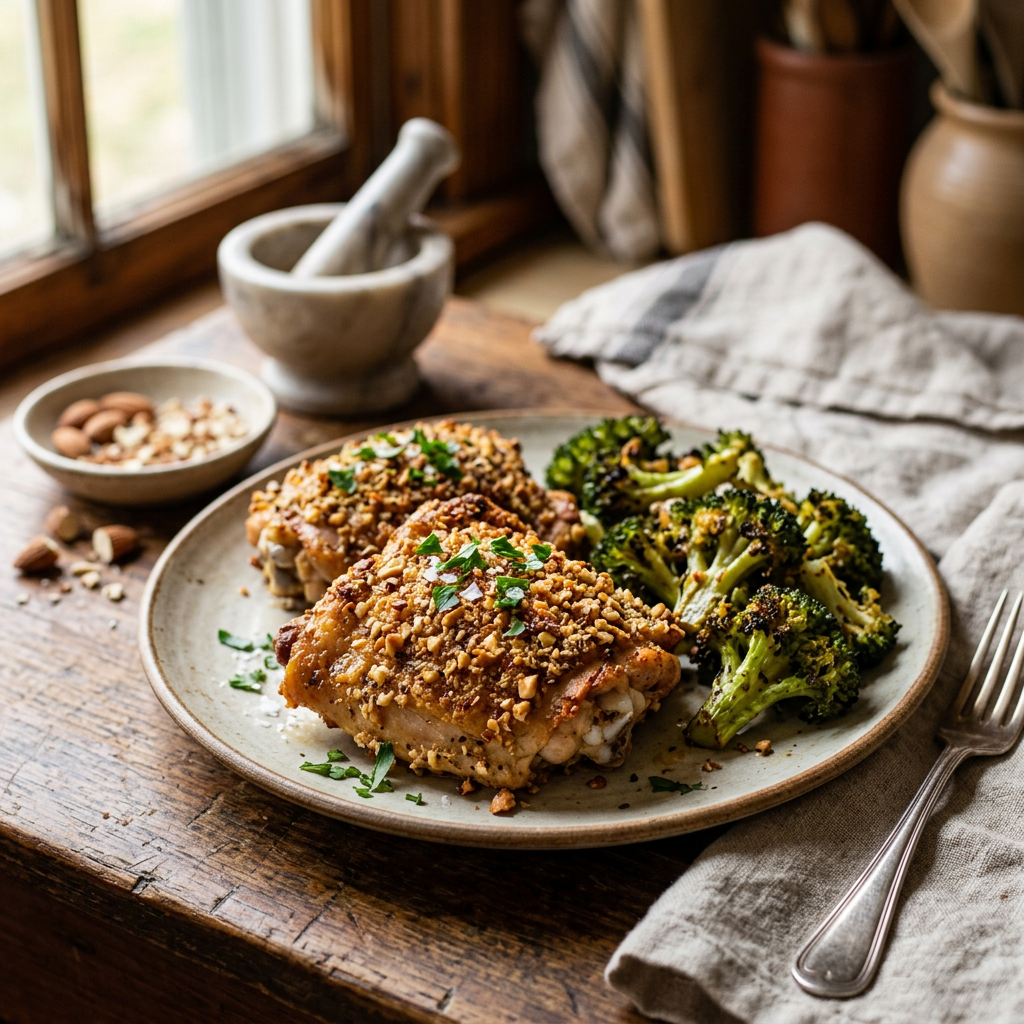 Almond-Crusted Chicken Thighs with Roasted Broccoli