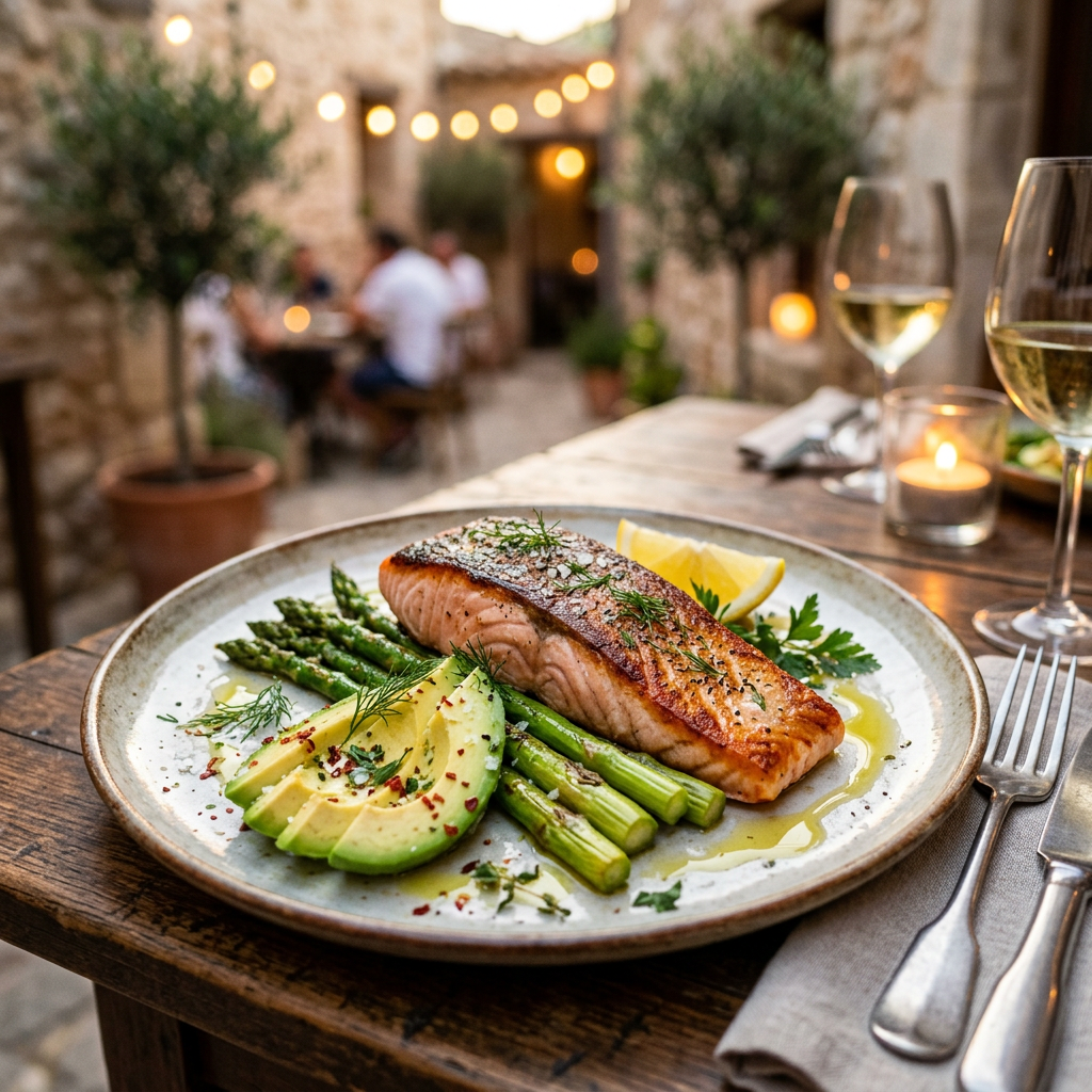 Seared Salmon with Asparagus and Avocado