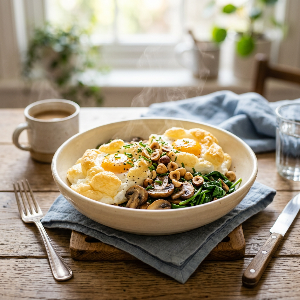 Egg & Mushroom Cloud Breakfast Bowl with Hazelnuts