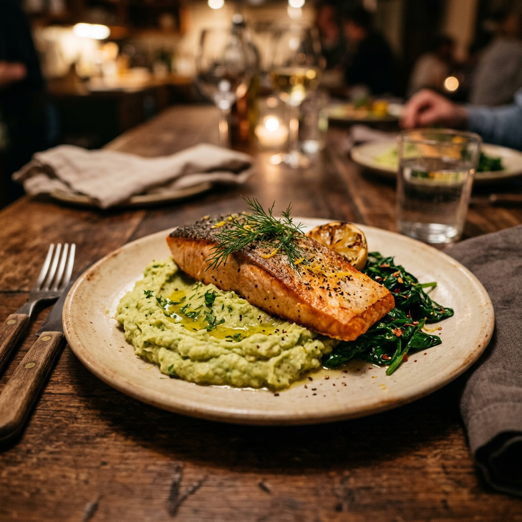 Roasted Salmon with Avocado Cauliflower Mash and Wilted Spinach
