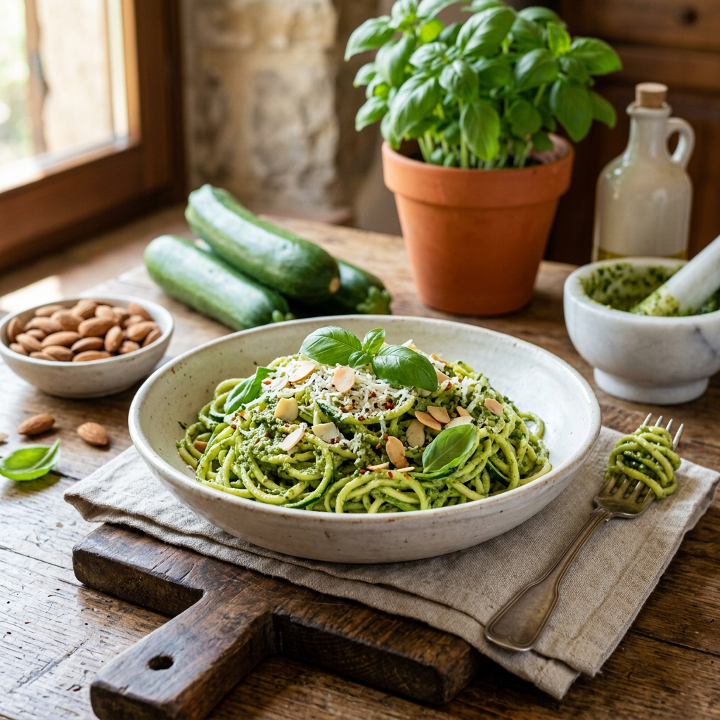 Zucchini Noodles with Almond-Basil Paste