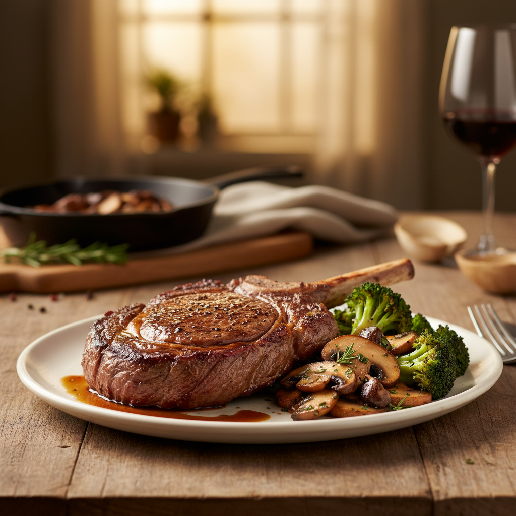 Pan-Roasted Ribeye with Broccoli and Wild Mushrooms