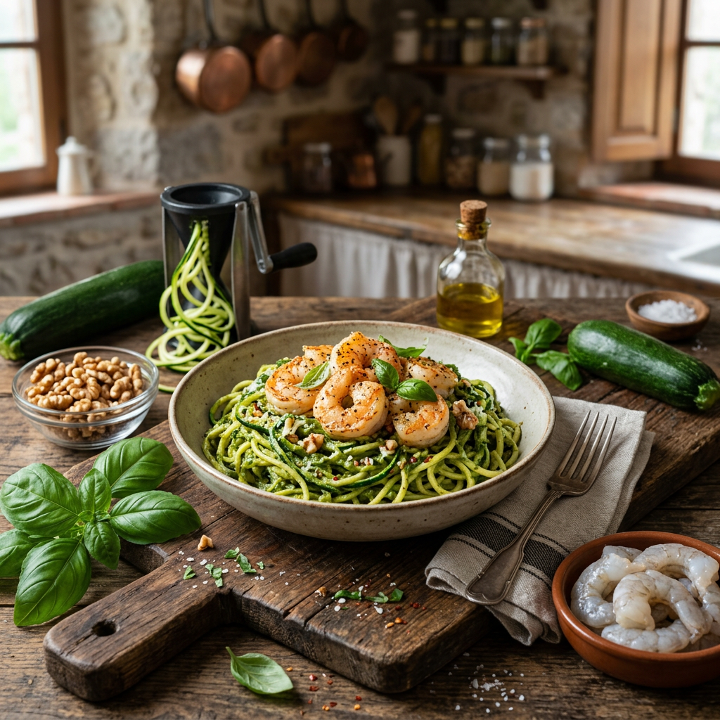 Zucchini Noodles with Walnut-Basil Sauce & Shrimp