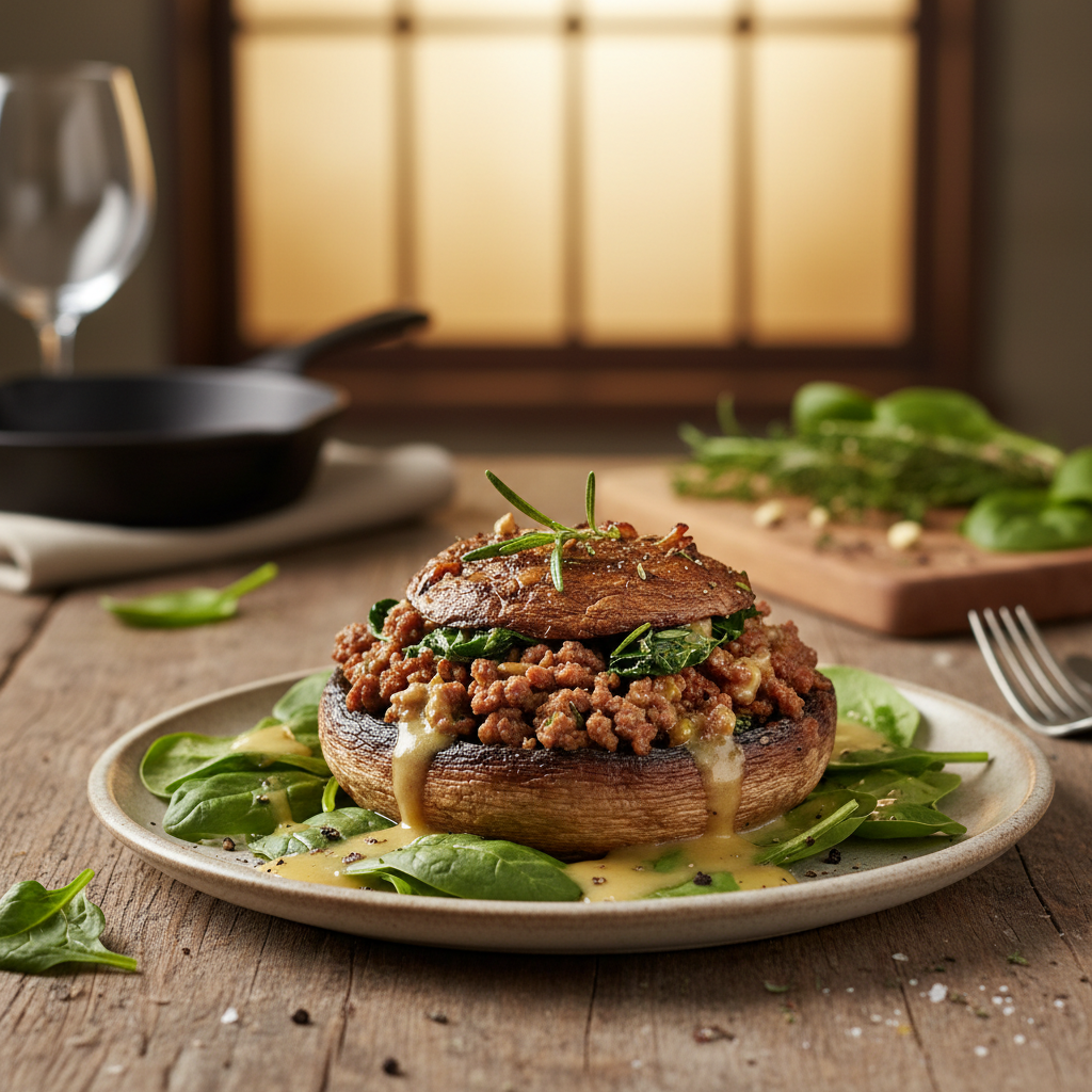 Herb-Roasted Beef-Stuffed Portobello with Baby Spinach