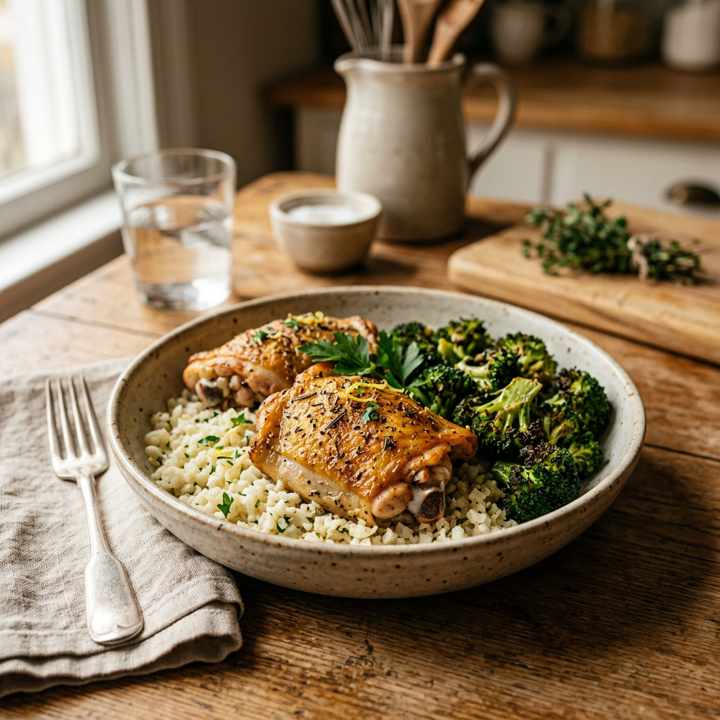 Roasted Chicken Thighs with Cauliflower Rice & Broccoli