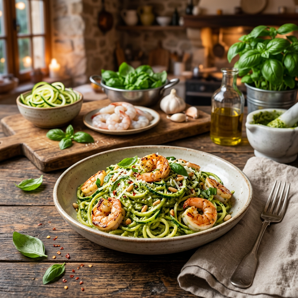 Shrimp Zucchini Noodles with Basil-Avocado Pesto