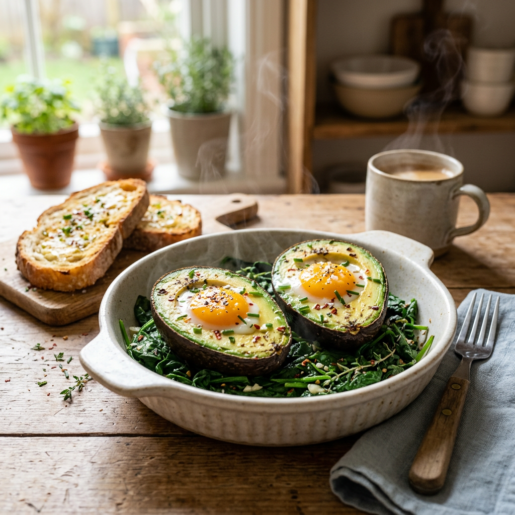 Baked Eggs in Avocado with Wilted Spinach