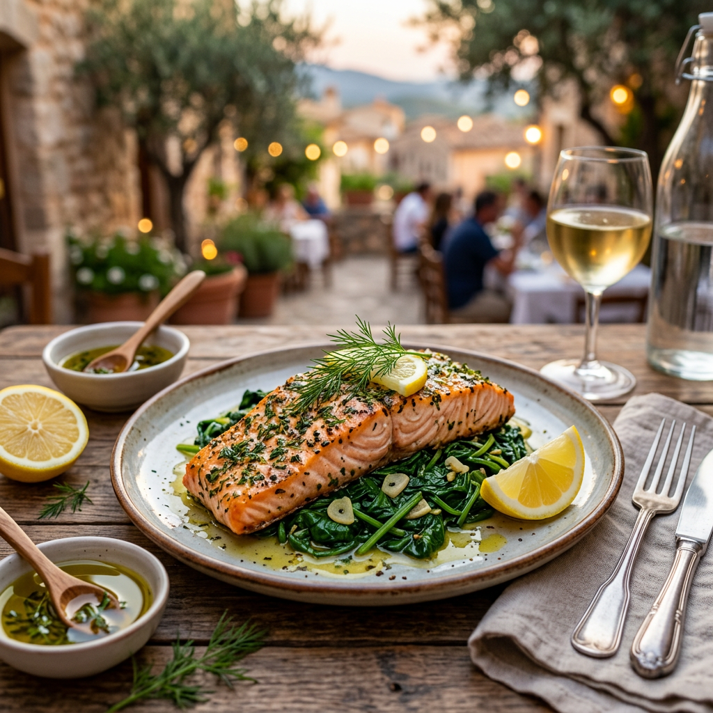 Herbed Baked Salmon with Wilted Spinach