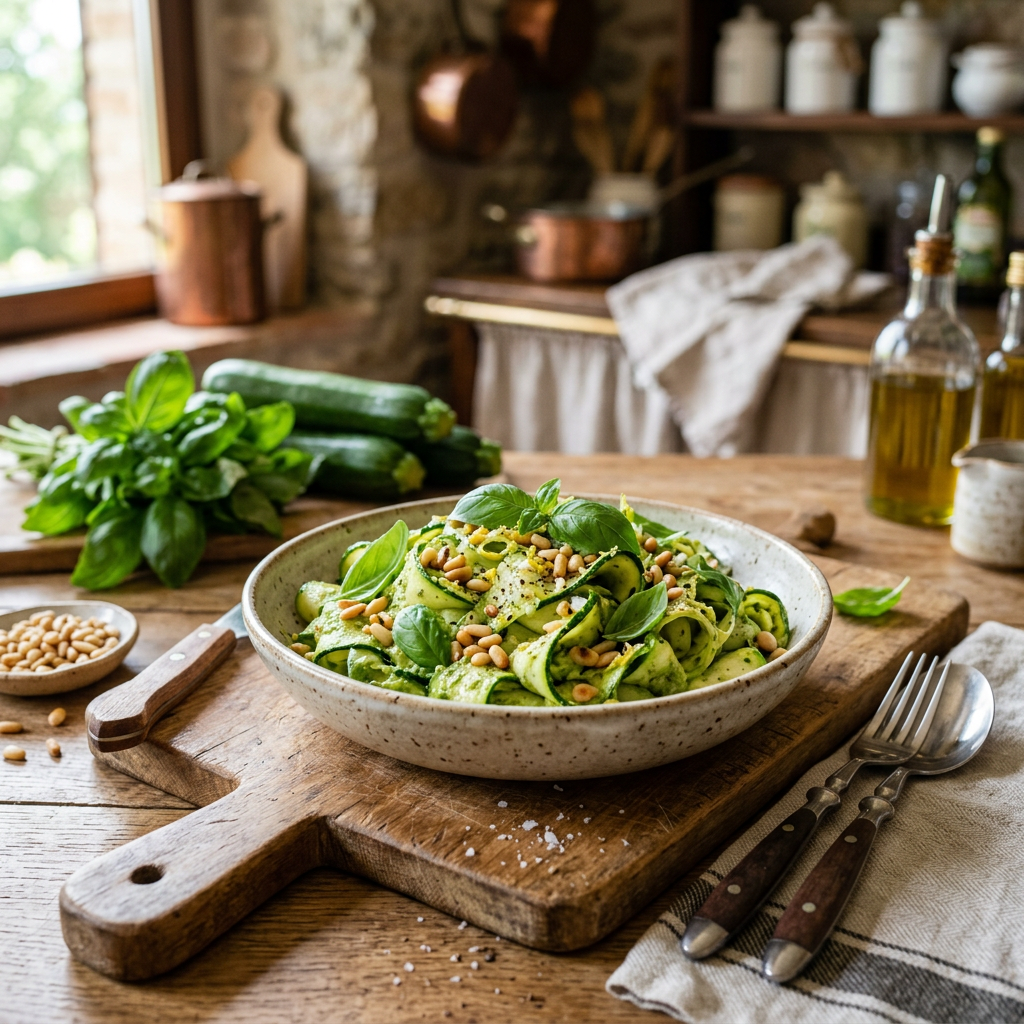 Zucchini Ribbon Salad with Basil‑Pine Nut Sauce (No Cheese)