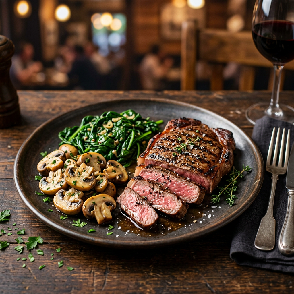 Grilled Sirloin with Garlic Mushrooms and Wilted Spinach