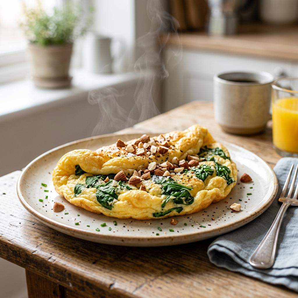 Egg & Spinach Cloud Omelette with Almond Crumble