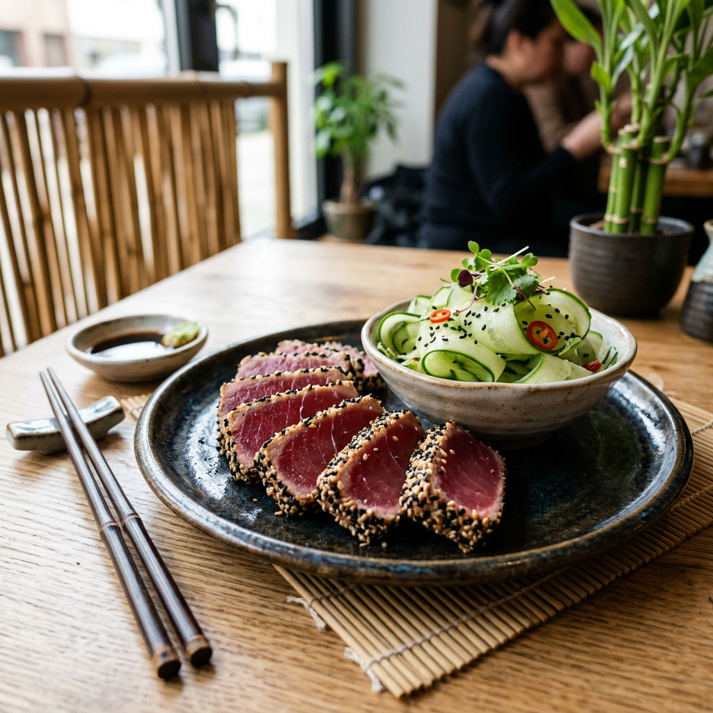 Sesame-Crusted Ahi Tuna with Cucumber Ribbon Salad