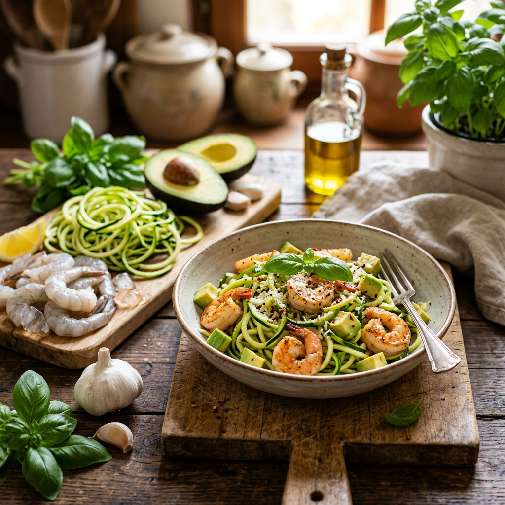 Zucchini Noodles with Garlic Shrimp and Avocado