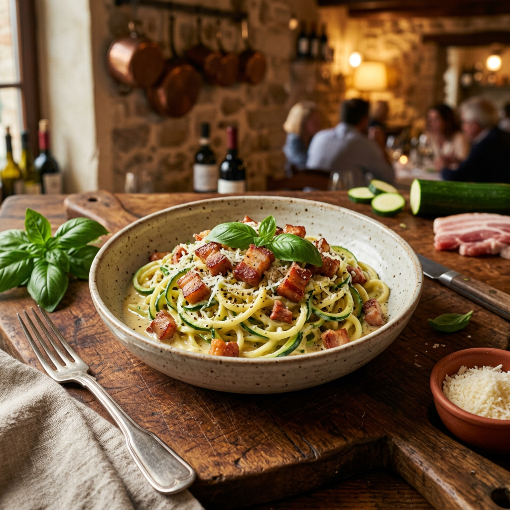 Zucchini 'Carbonara' with Roasted Pork Belly