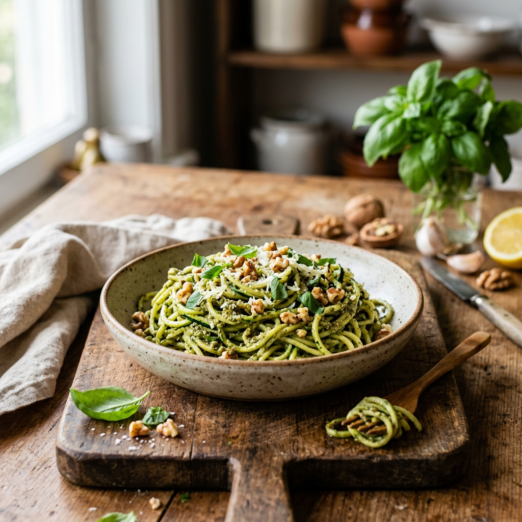 Zucchini Walnut Basil Pesto Noodles