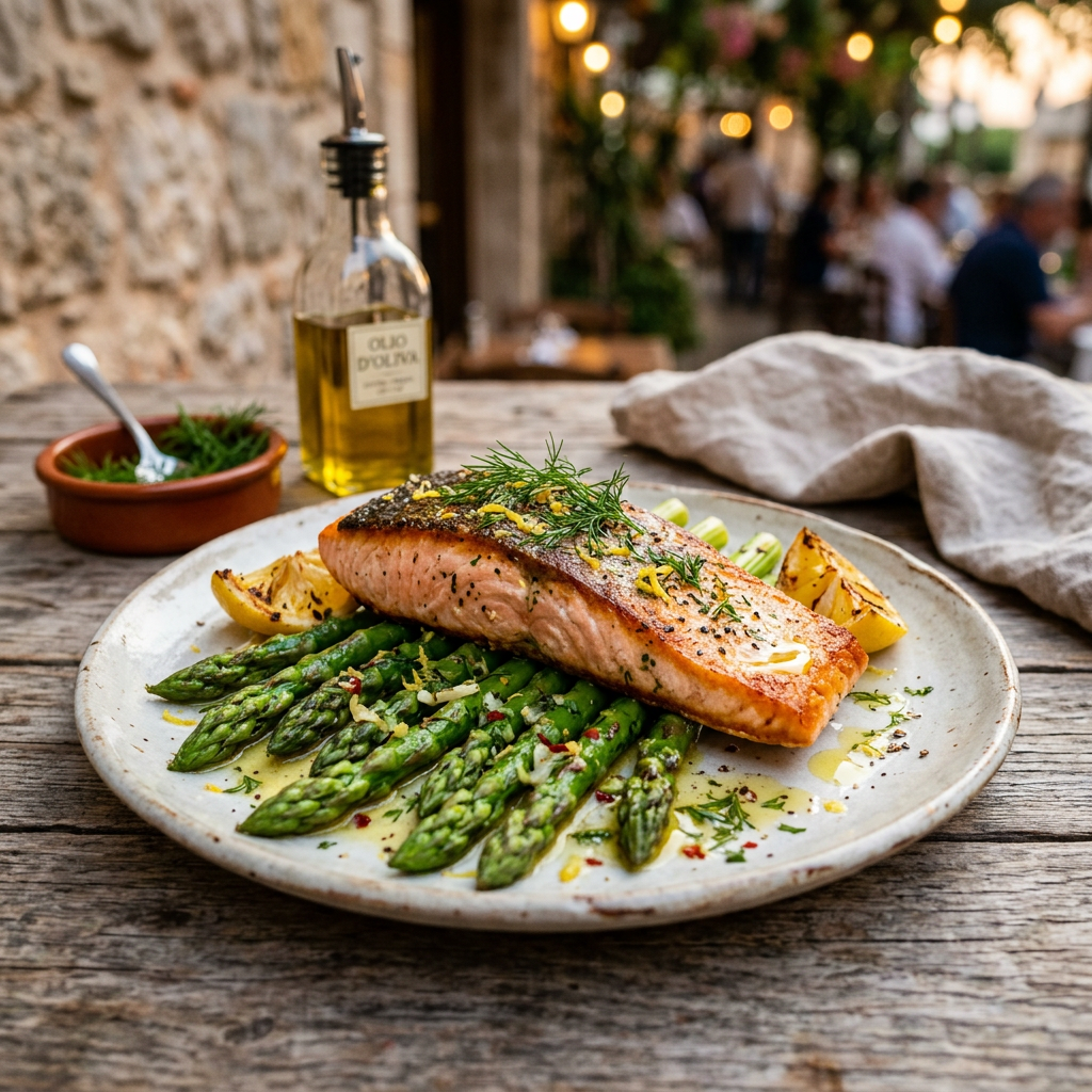 Mediterranean Pan-Seared Salmon with Lemon-Dill Asparagus