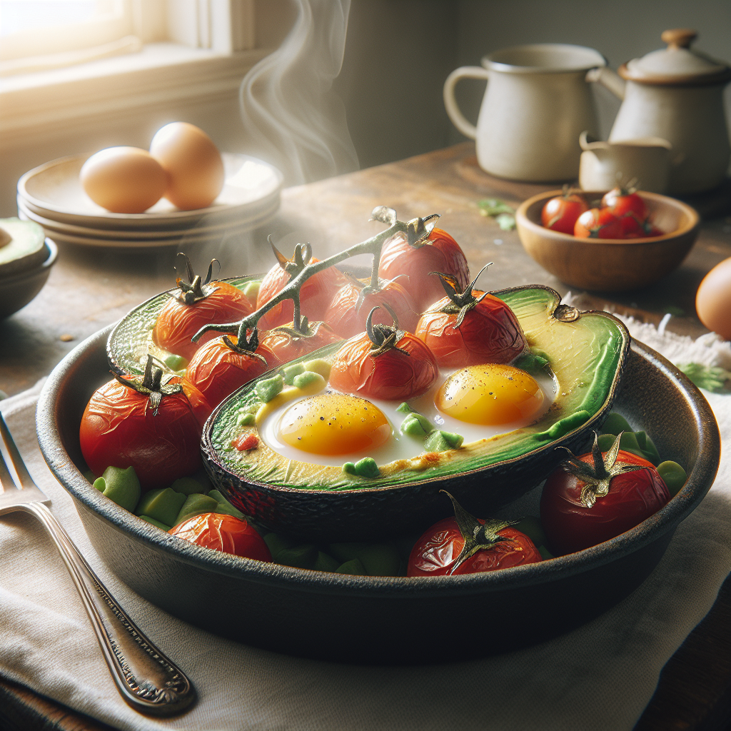 Baked Avocado Egg Boats with Cherry Tomato Medley