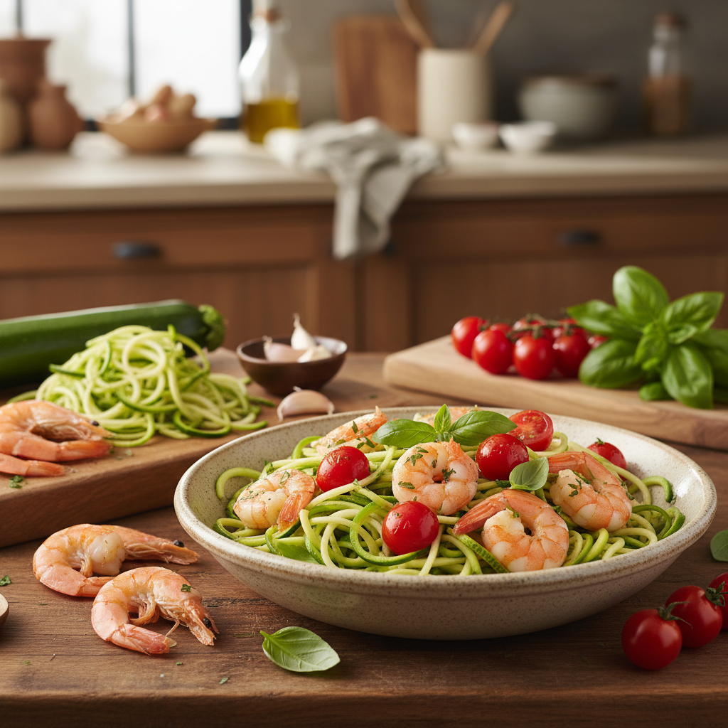 Zucchini Noodles with Garlicky Shrimp and Cherry Tomatoes