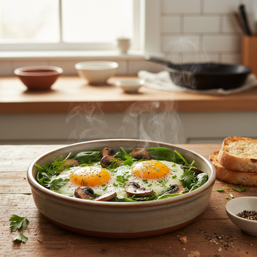 Herbed Baked Eggs with Baby Spinach and Mushrooms