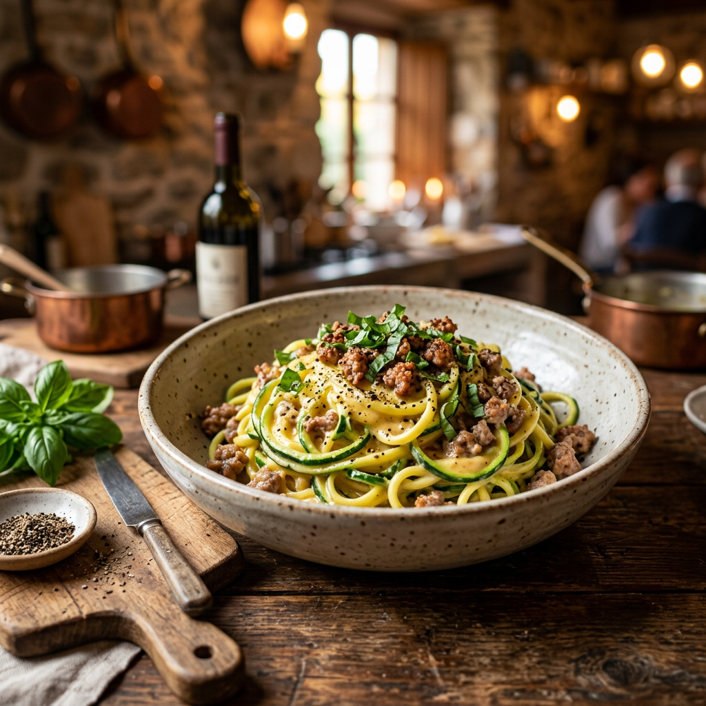 Zucchini Noodles with Pork and Egg Carbonara (No Cheese)